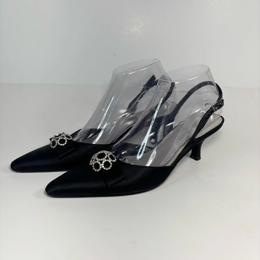 Karen Scott Pointed Toe Black Satin Sling back Kitten Heels‎ Bow Rhinestones 7.5